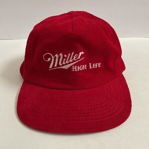 VTG 90s Miller High Life Red Corduroy Strapback Trucker Hat Beer Designer Pro